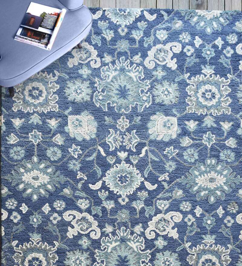 Buy Blue Wool Vintage 4 x 6 Feet Hand Tufted Carpet by The Rug Republic