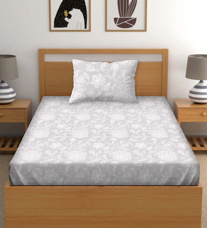 Buy White Floral 250 TC Cotton 2 Single Bedsheet With 2 Pillow Covers