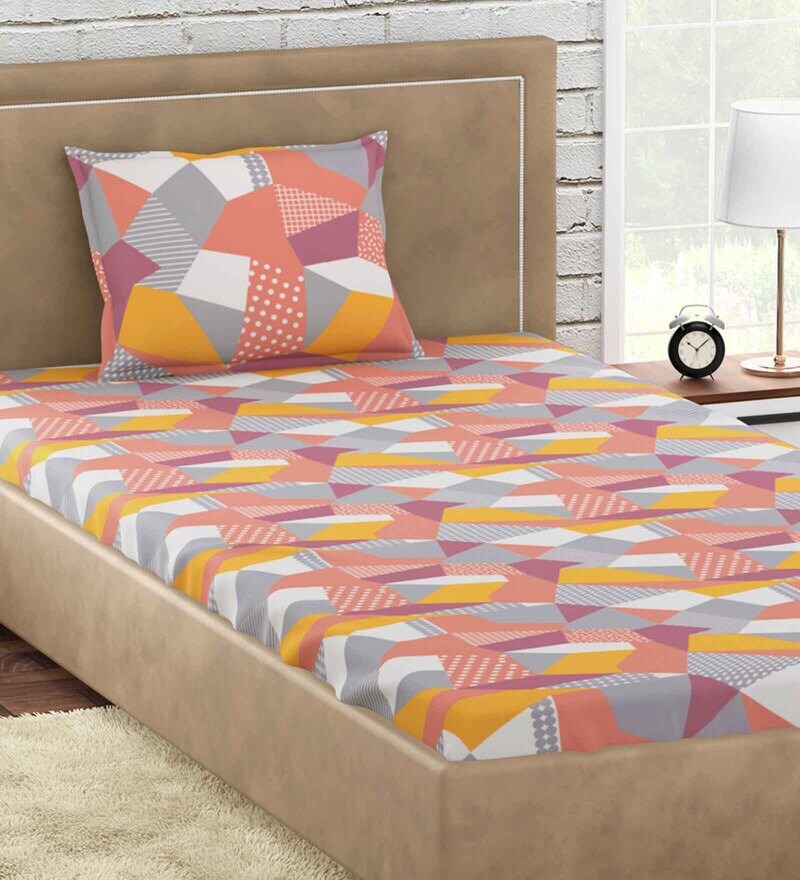 Buy Multicolour Geometric 300 TC 100 Cotton Single Bedsheet With 1 Pillow Covers Origami