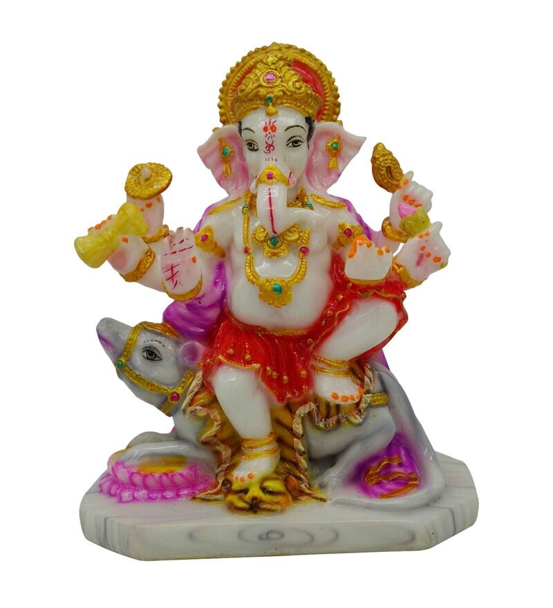 Buy Multicolour Marble Handpainted Lord Ganpati with Moshak Idol by ...