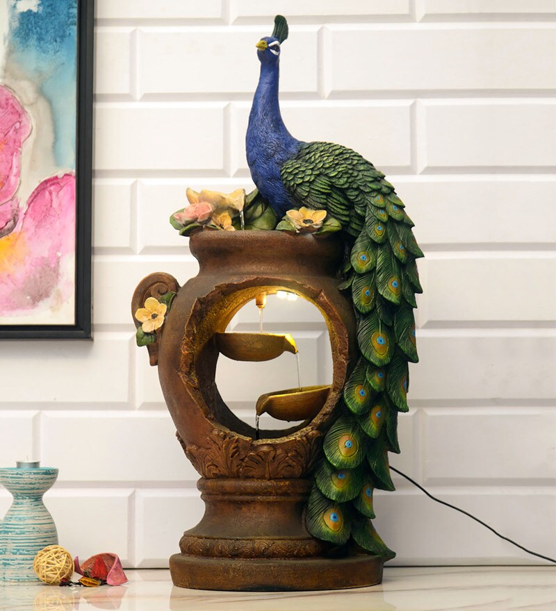 Buy Multicolour Polyresin Peacock On Pot Water Fountain by home Online