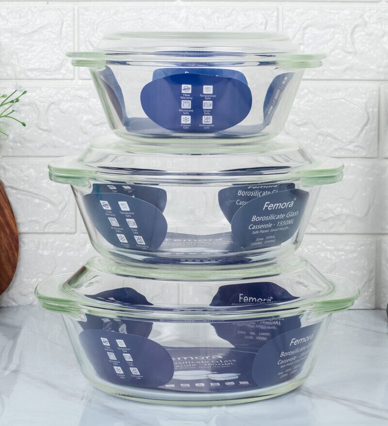 Buy Multipurpose Borosilicate Glass Casserole (Set of 3) by Femora