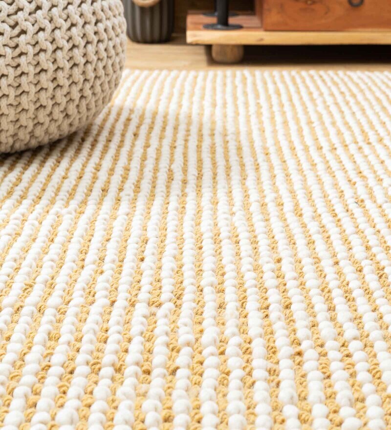 Buy Mustard & White Wool and Cotton Abstract 6 feet x 4 feet Hand Woven