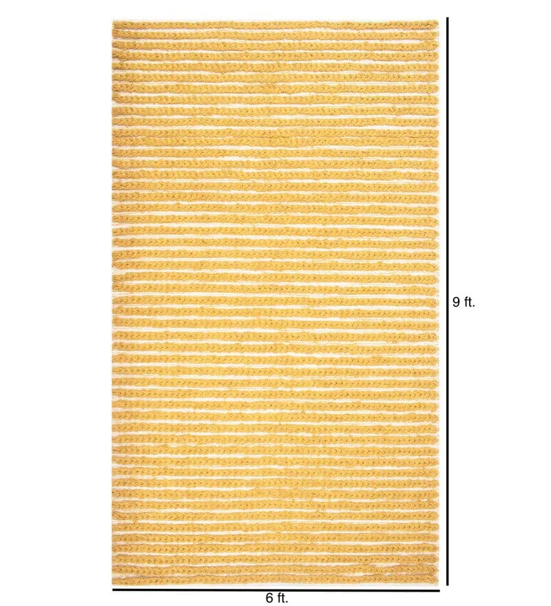 Buy Mustard & White Wool and Cotton Abstract 9 feet x 6 feet Hand Woven