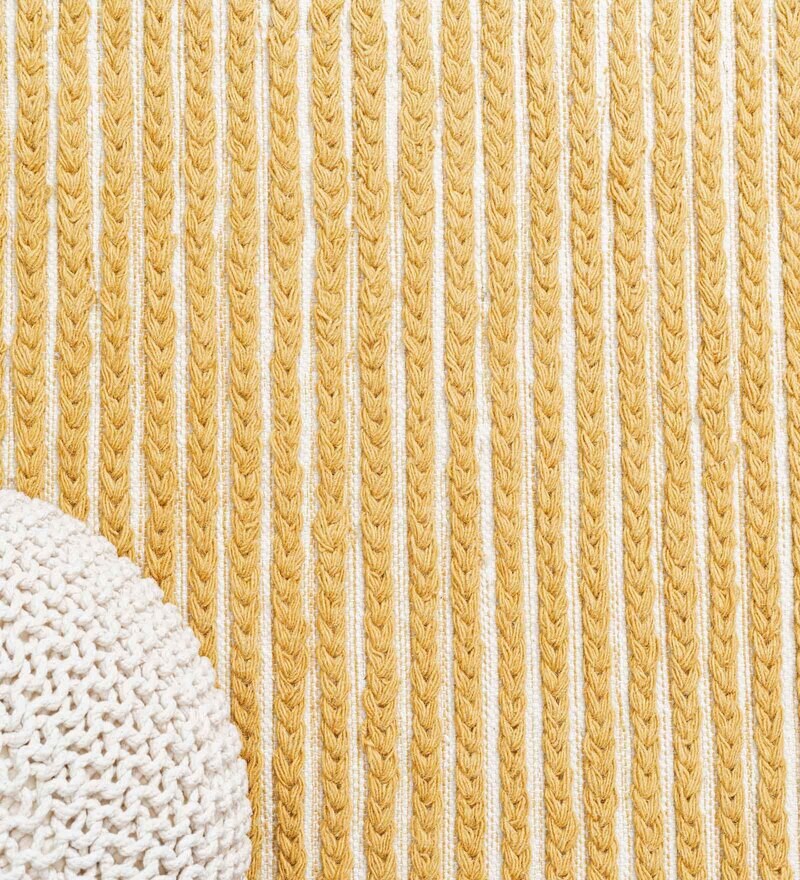 Buy Mustard & White Wool and Cotton Abstract 9 feet x 6 feet Hand Woven