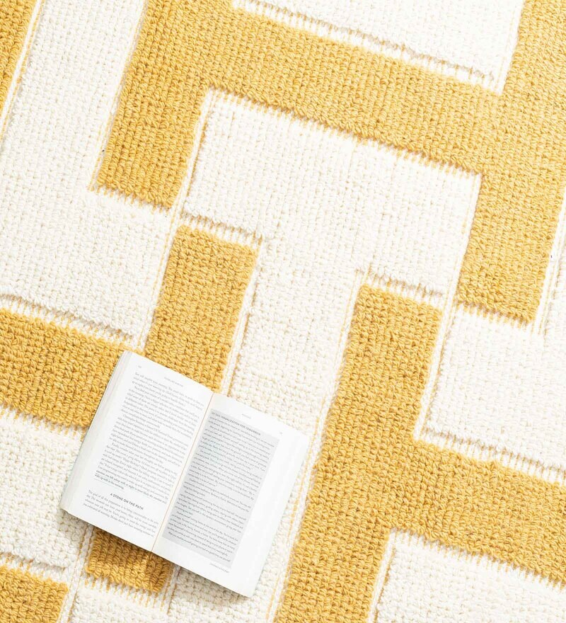 Buy Mustard & White Wool and Cotton Abstract 9 feet x 6 feet Hand Woven