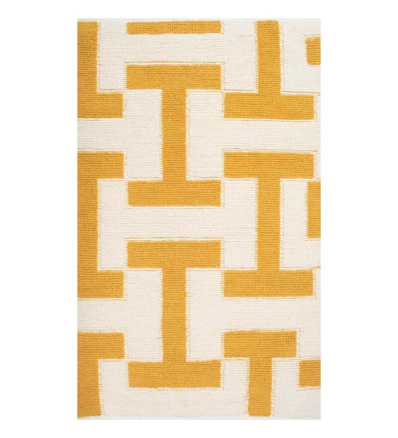 Buy Mustard & White Wool and Cotton Abstract 9 feet x 6 feet Hand Woven