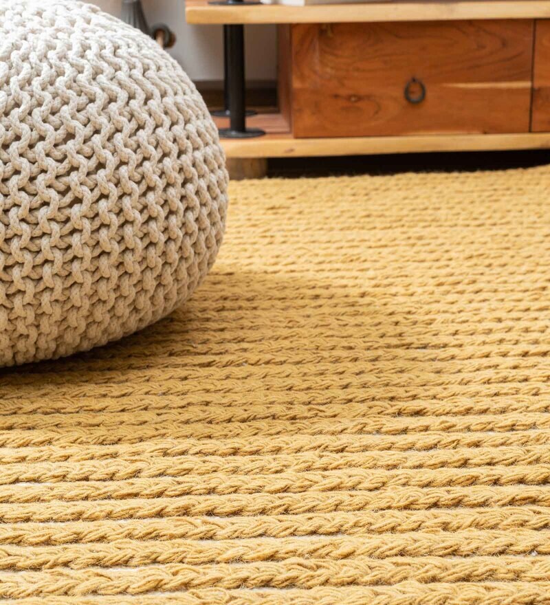 Buy Mustard & White Wool and Cotton Abstract 9 feet x 6 feet Hand Woven