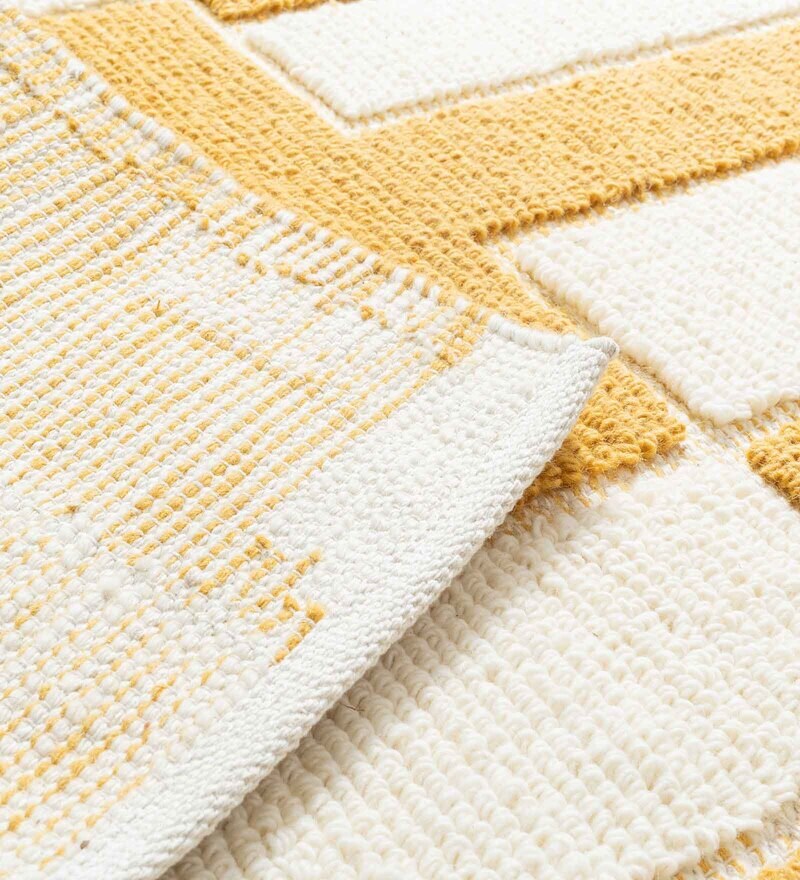 Buy Mustard & White Wool and Cotton Abstract 9 feet x 6 feet Hand Woven
