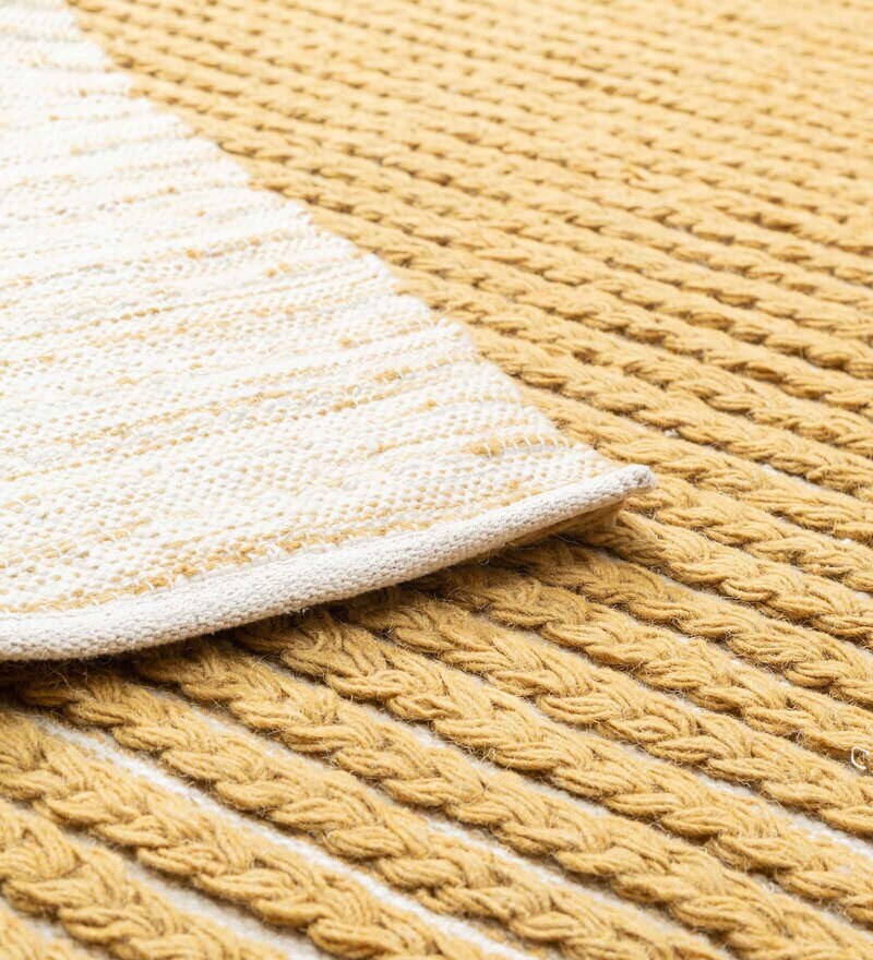 Buy Mustard & White Wool and Cotton Abstract 9 feet x 6 feet Hand Woven