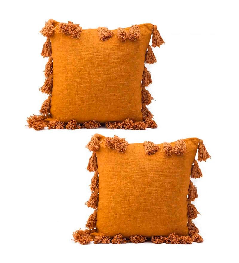 Buy Mustard Cotton Abstract 16x16 inches Cushion Cover by Kravika