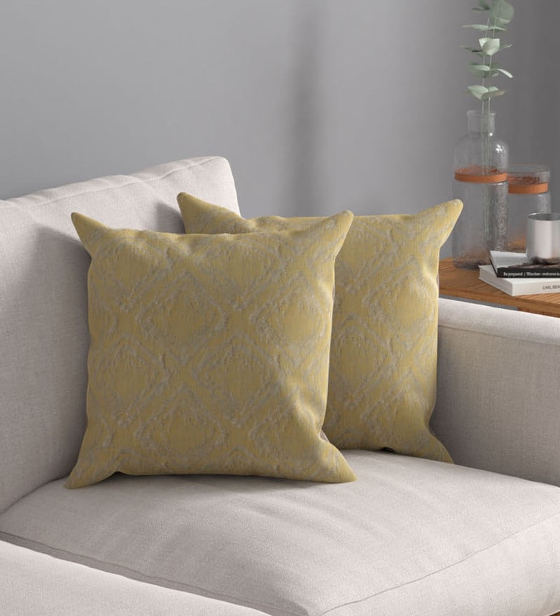 Buy Mustard Polyester Jacquard 16 x 16 Inches (Set Of 2) Cushion Covers