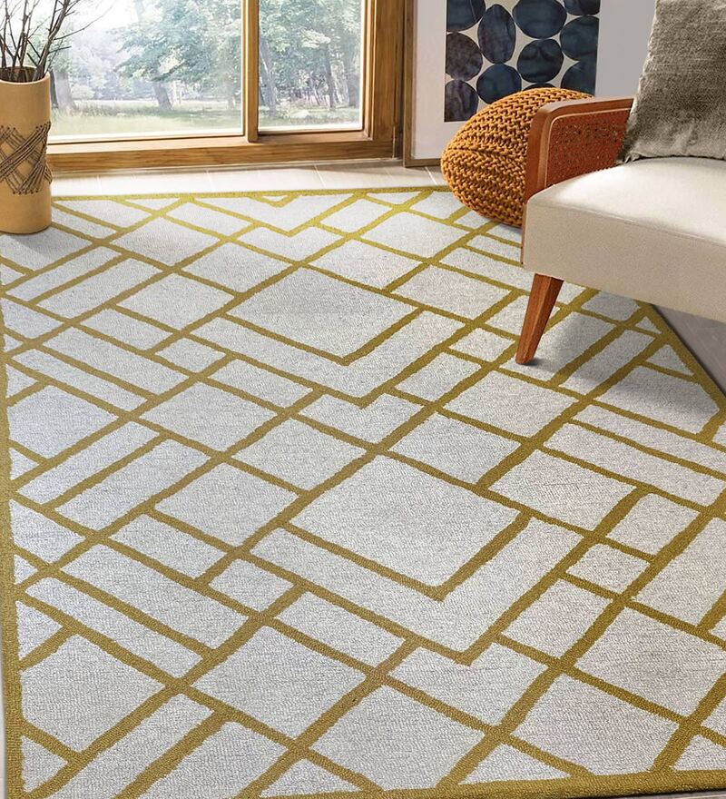 Buy Mustard Wool Geometrical 5 ft x 7.5 ft Hand Tufted Carpet by