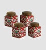 Mughal Cuboidal Pair Floral 240ml Multicolour Ceramic (Set of 4) Jar Container with Sheesham Wood Lid