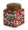 Mughal Cuboidal Pair Floral 240ml Multicolour Ceramic (Set of 4) Jar Container with Sheesham Wood Lid