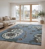 Blue Floral Wool And Cotton 5 X 8 Ft Hand Tufted Carpet