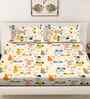 Cream Cartoon Print 300 TC Cotton Blend King Size Double Bedsheet with 2 Pillow Covers