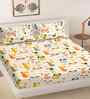 Cream Cartoon Print 300 TC Cotton Blend King Size Double Bedsheet with 2 Pillow Covers
