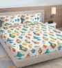 White Cartoon Print 300 TC Cotton Blend King Size Fitted Double Bedsheet with 2 Pillow Covers