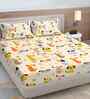 Orange Cartoon Print 300 TC Cotton Blend King Size Fitted Double Bedsheet with 2 Pillow Covers