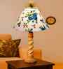 Multicolor Cotton Table Lamp With  Wood  Base 10X19 Inches