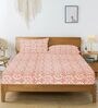 Pink Floral 144 TC Cotton King Fitted Bedsheet with 2 Pillow Covers