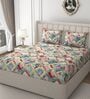 Multicolor Glace Cotton Floral Print Elastic Fitted King Bedsheet With 2 Pillow Covers