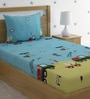 Sky Blue & Yellow Cartoon Printed 220 TC Poly Cotton Single Size Bedsheet With 1 Pillow Covers