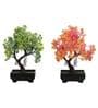 Plastic Multicolor Y Shape Bonsai Tree With Brown Pot Set Of 2 Artificial Plants