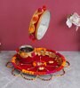 Red Assorted Decorative Stainless Steel Karwa Chauth Pooja Thali Set (1Piece)