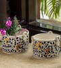 Multicolour Ceramic Indigo Vines Handpainted Desk Pot, Set of 2