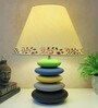 MultiColour Handpainted and hancarved Distress wooden stone finish Table lamp in with handpainted fabric shade