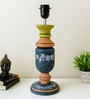 MultiColour Handpainted and hancarved Distress wooden Table lamp in Vaase handcarved design with handpainted fabric shade