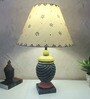 MultiColour Handpainted and hancarved Distress wooden Table lamp in Vaase handcarved design with handpainted fabric shade