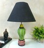 MultiColour Handpainted and hancarved Distress wooden Table lamp in Vaase handcarved design with handpainted fabric shade