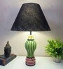 MultiColour Handpainted and hancarved Distress wooden Table lamp in Vaase handcarved design with handpainted fabric shade