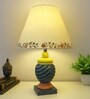 MultiColour Handpainted and hancarved Distress wooden Table lamp in Vaase handcarved design with handpainted fabric shade