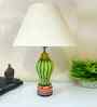 MultiColour Handpainted and hancarved Distress wooden Table lamp in Vaase handcarved design with handpainted fabric shade