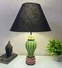 MultiColour Handpainted and hancarved Distress wooden Table lamp in Vaase handcarved design with handpainted fabric shade