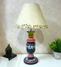 MultiColour Handpainted and hancarved Distress wooden Table lamp in Vaase handcarved design with handpainted fabric shade