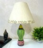 MultiColour Handpainted and hancarved Distress wooden Table lamp in Vaase handcarved design with handpainted fabric shade