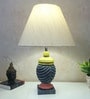 MultiColour Handpainted and hancarved Distress wooden Table lamp in Vaase handcarved design with handpainted fabric shade