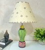 MultiColour Handpainted and hancarved Distress wooden Table lamp in Vaase handcarved design with handpainted fabric shade