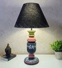 MultiColour Handpainted and hancarved Distress wooden Table lamp in Vaase handcarved design with handpainted fabric shade