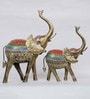 Multicolour Iron Metal Painted Elephant Large Animal Figurine, Set of 2