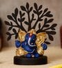 Multicolour Polyresin Gold Plated Blue Kaan Ganesha Idol With Wooden Tree