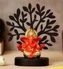 Multicolour Polyresin Gold Plated Orange Mukut Ganesha Idol with Wooden Tree