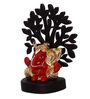 Multicolour Polyresin Gold Plated Red Kaan Ganesha Idol with Wooden Tree