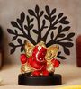 Multicolour Polyresin Gold Plated Red Kaan Ganesha Idol with Wooden Tree