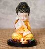 Multicolour Polyresin Praying Orange Monk Buddha with Wooden Base